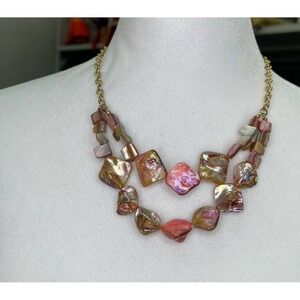 Julea Pink Iridescent Mother of Pearl Shell Double Strand Bib Necklace Gold Tone